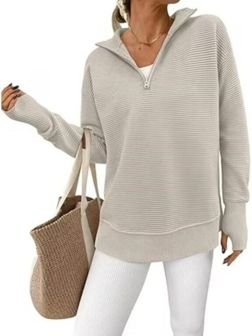 Womens Long Sleeve Quarter Zip Pullover Sweater Casual Loose V Neck Collared Rib